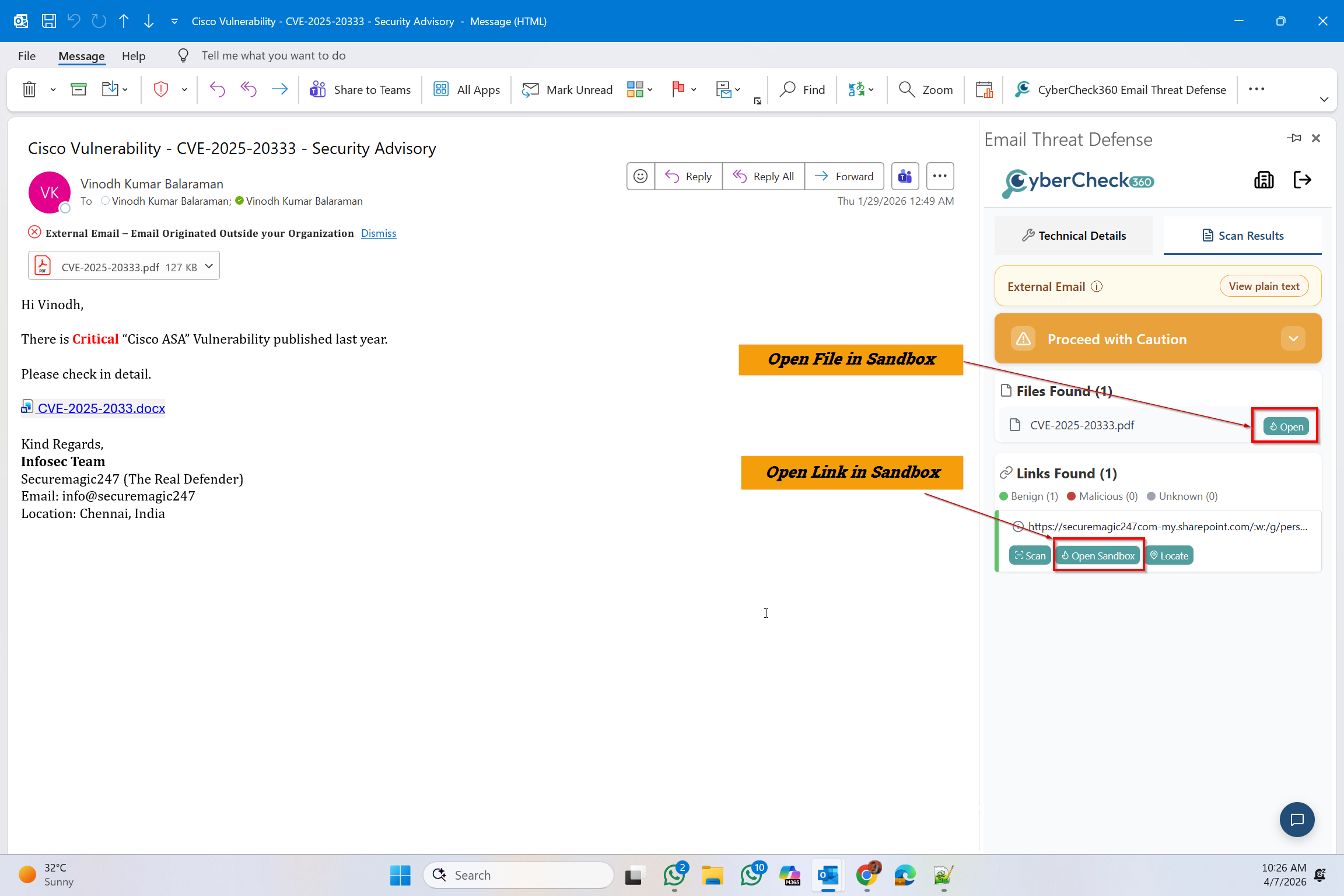 CyberCheck360 Outlook Add-On highlighting the Open Sandbox button to safely isolate and inspect email links