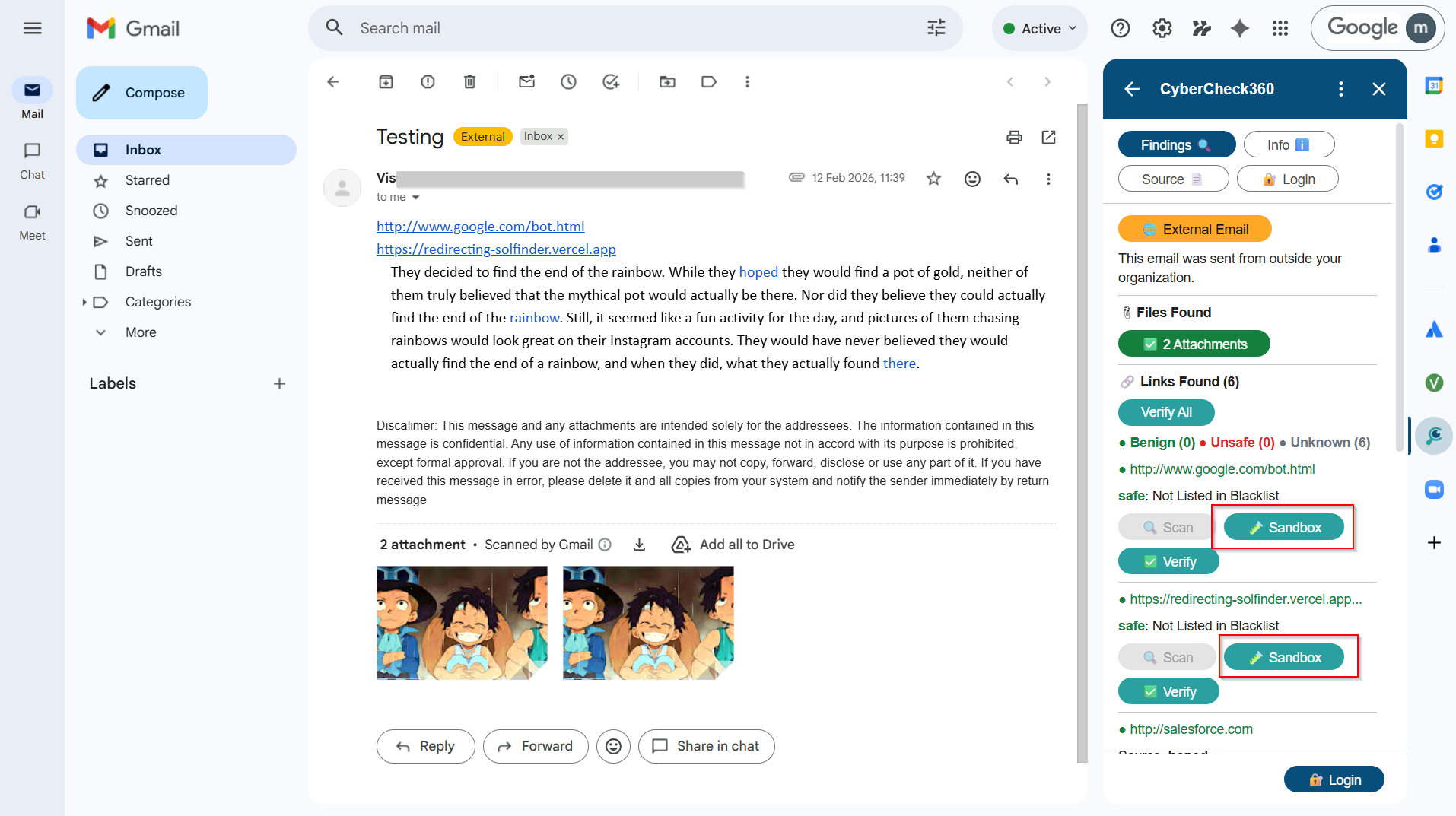 CyberCheck360 Gmail Add-On showing email links with Sandbox option for secure link isolation