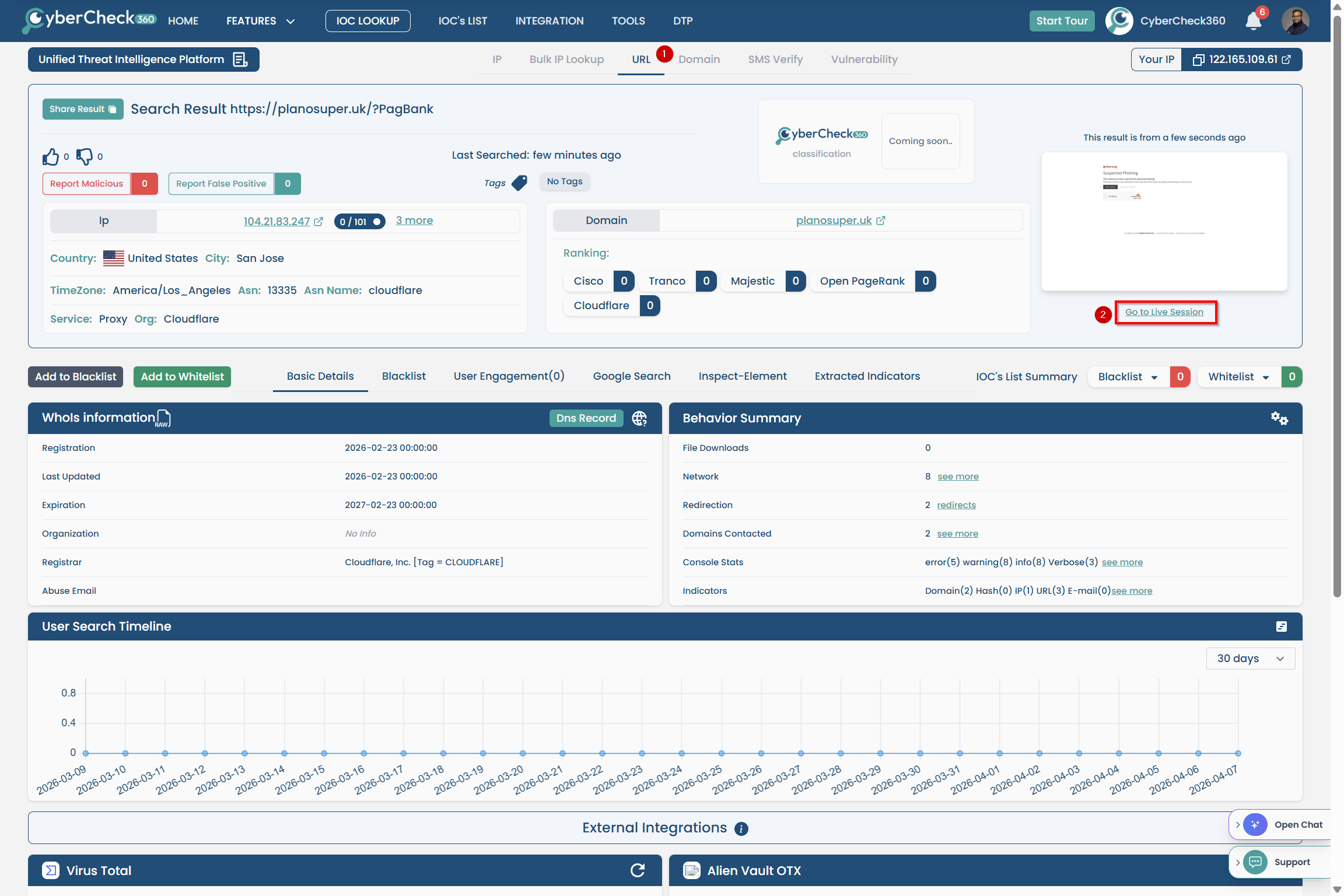 CyberCheck360 Threat Intelligence Platform URL lookup results showing the Go to Live Session button to open a URL in an isolated sandbox