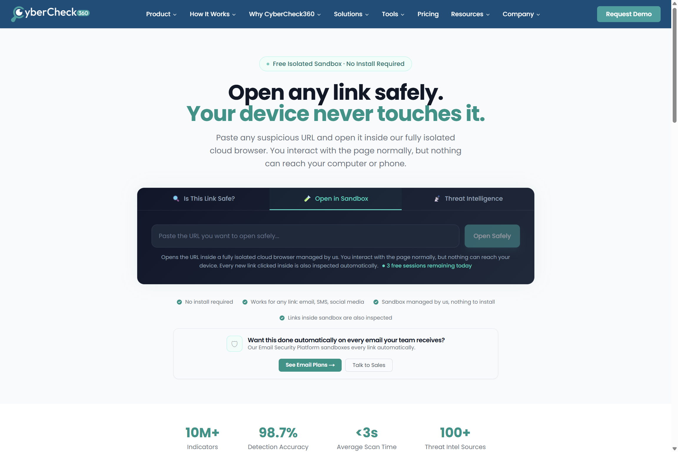 CyberCheck360 URL Sandbox tool where users can paste any link and open it in an isolated sandbox session for safe browsing