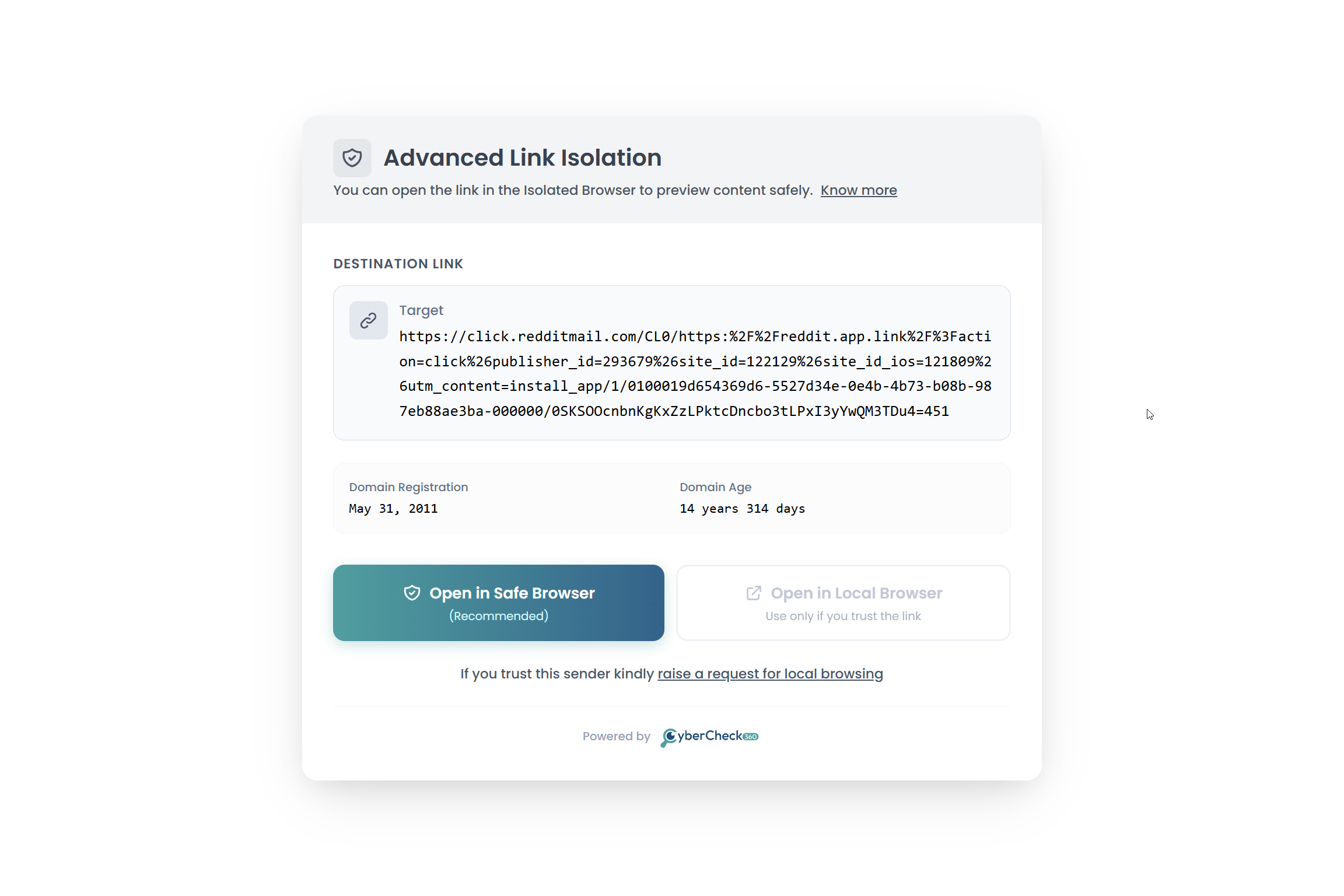 CyberCheck360 URL Sandbox warning banner alerting users before opening any link with an option to raise a local browsing request if the link is not suspecious/malicous