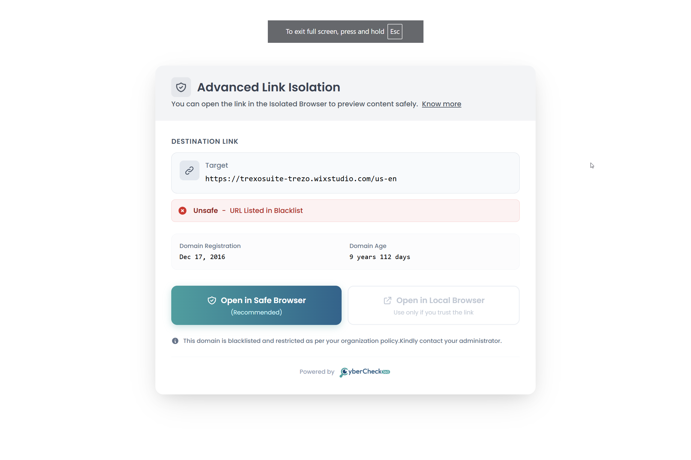 CyberCheck360 URL Sandbox isolation screen giving users the option to open any link in a secure isolated browser keeping threats contained away from the local device. Only trusted links from the organization is allowed to open locally