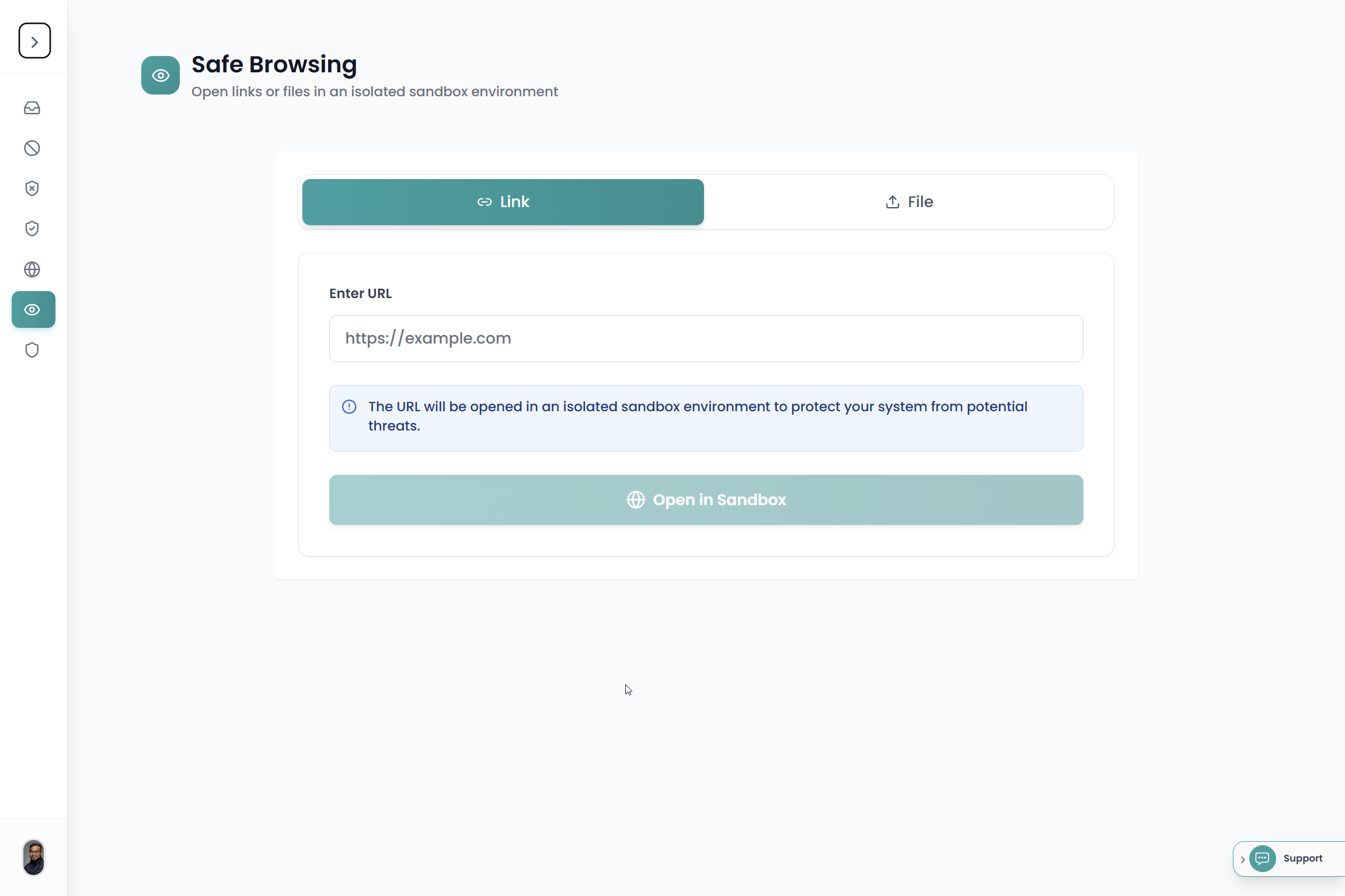 CyberCheck360 Email Security Portal showing admin and users opening links and files in an isolated sandbox session